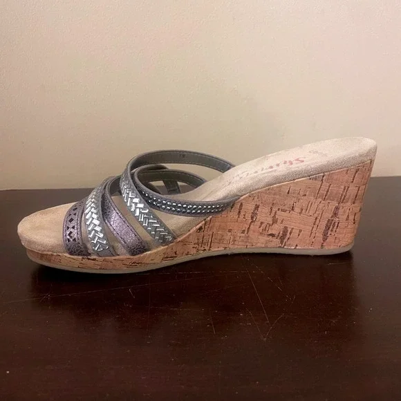 Shimmer by EDL Womens Metallic Pewter Cork Wedge Multi Strap Slide Sandals 7M - Picture 4 of 7